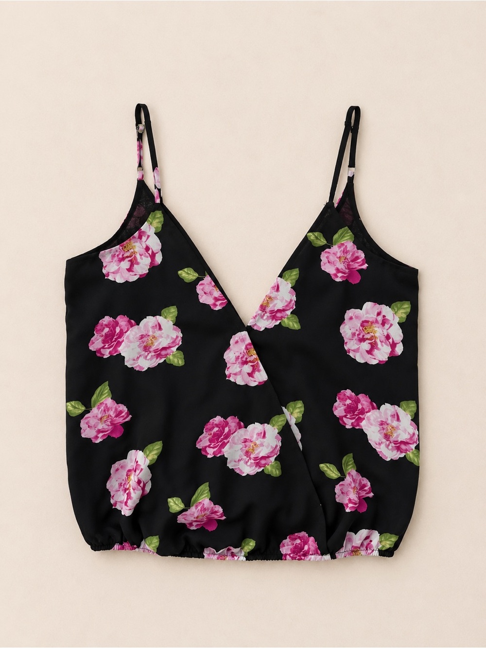 Forever 21 Black Floral Wrap Cami with Pink Blooms / Flowy Spaghetti Strap Tank
